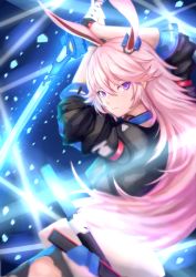 Rule 34 | 1girl, absurdres, animal ears, breasts, closed mouth, expressionless, fox ears, gloves, hair between eyes, hair ornament, highres, holding, holding sword, holding weapon, honkai (series), honkai impact 3rd, jacket, kelinch1, large breasts, long hair, looking at viewer, pink hair, purple eyes, solo, sword, thighhighs, very long hair, weapon, yae sakura, yae sakura (goushinnso memento)
