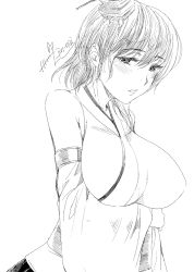 Rule 34 | 10s, 1girl, artist name, blush, breasts, female focus, greyscale, jin nai, kantai collection, large breasts, monochrome, nontraditional miko, solo, white background, yamashiro (kancolle)