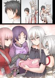 Rule 34 | 1boy, 5girls, baby, baby carry, black hair, blush, carrying, comic, commentary, covering face, crown, dress of heaven, faceless, faceless male, fate/grand order, fate (series), florence nightingale (fate), fujimaru ritsuka (male), ginhaha, gloves, grin, hair between eyes, irisviel von einzbern, jack the ripper (fate/apocrypha), jeanne d&#039;arc (fate), jeanne d&#039;arc alter (avenger) (fate), jeanne d&#039;arc alter (fate), long hair, minamoto no raikou (fate), mother and son, multiple girls, pink hair, purple hair, red eyes, short hair, silent comic, silver hair, smile
