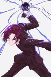 Rule 34 | 1girl, absurdres, action, bazett fraga mcremitz, black gloves, brown jacket, brown pants, clenched hand, fate/hollow ataraxia, fate (series), feet out of frame, formal, gloves, grey background, highres, jacket, leaning forward, legs apart, long sleeves, looking at viewer, necktie, outstretched arms, pant suit, pants, parted bangs, red eyes, red hair, red necktie, shirt, short hair, simple background, solo, spread arms, suit, suit jacket, white shirt, xtango