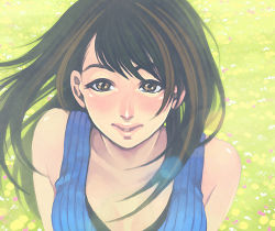 Rule 34 | 1990s (style), 1girl, bare shoulders, blush, brown eyes, brown hair, female focus, final fantasy, final fantasy viii, koko-1109, long hair, lowres, nature, outdoors, rinoa heartilly, solo