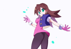Rule 34 | 1girl, ass, blue jacket, breasts, brown hair, buttons, closed mouth, commentary request, cropped jacket, dress, earrings, gloves, green eyes, jacket, jewelry, kaidou zx, long hair, medium breasts, mega man (series), mega man legends (series), mega man x (series), mega man x dive, navel, open clothes, panties, pantyhose, pink dress, pink gloves, puffy short sleeves, puffy sleeves, shiny clothes, short dress, short sleeves, simple background, smile, solo, tron bonne (mega man), underwear, white background