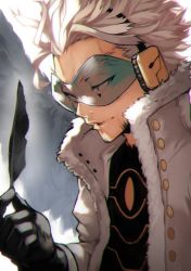 Rule 34 | 1boy, alternate hair color, black feathers, black gloves, boku no hero academia, close-up, facial hair, feathers, fur trim, glasses, gloves, hawks (boku no hero academia), headphones, highres, long sleeves, male focus, shirt, solo, stubble, upper body, white hair, yellow eyes, yoshio (55level)