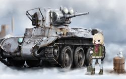 Rule 34 | 1girl, bad id, bad twitter id, black footwear, black skirt, blonde hair, blue pantyhose, boots, bt-7, coat, girls und panzer, green coat, grey mittens, holding, holding shovel, katyusha (girls und panzer), log, long sleeves, military, military vehicle, miniskirt, mittens, motor vehicle, open mouth, outdoors, pantyhose, pleated skirt, red scarf, scarf, shasu (lastochka), short hair, shovel, skirt, smile, snow, snow shovel, snowman, solo, striped clothes, striped pantyhose, tank