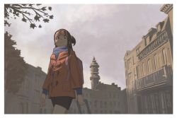 Rule 34 | 1girl, blue sweater, brown hair, castle, cloud, cloudy sky, highres, holding luggage, jacket, kagari atsuko, little witch academia, orange jacket, psylduck, rolling suitcase, shorts, sky, solo, suitcase, sweater, tower