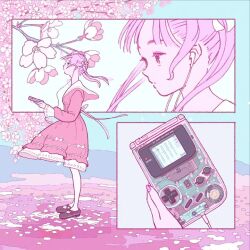 Rule 34 | 1girl, animated, black footwear, blinking, bow, branch, cherry blossoms, collared dress, dress, earbuds, earphones, eri kitamura, expressionless, eyelashes, falling petals, from side, game boy, hair bow, hairdressing, handheld game console, holding, holding handheld game console, long sleeves, looping animation, original, petals, pink dress, pink hair, pink nails, pink theme, profile, shoes, solo, twintails, video, white bow, wind