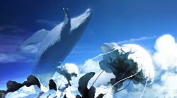 Rule 34 | amamidori, animal, blue theme, cloud, day, flying, flying whale, jellyfish, monochrome, no humans, scp foundation, space, whale, whale tail (clothing)