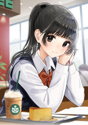Rule 34 | 1girl, 1other, black hair, black ribbon, blouse, blue dress, bow, brown eyes, closed mouth, collared shirt, commentary request, commission, cup, day, disposable cup, dress, drinking straw, eraser, food, hair ribbon, hands up, highres, holding, holding pencil, indoors, kentaurosu, long hair, looking at viewer, original, pencil, pinafore dress, pixiv commission, plaid, ponytail, red bow, ribbon, school uniform, shirt, sleeveless, sleeveless dress, smile, solo focus, tray, white shirt, window