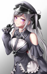 Rule 34 | 1girl, :d, arm up, azur lane, black gloves, black headwear, blue eyes, breasts, closed mouth, cross, dress, elbe (azur lane), gloves, grey background, grey dress, hair ribbon, highres, iron cross, long hair, looking at viewer, medium breasts, multicolored eyes, naga (pixiv70891418), open mouth, purple eyes, ribbon, silver hair, smile, solo, standing, v