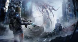 Rule 34 | alien, assault rifle, backpack, bag, broken, brown hair, car, city, cityscape, commentary, eldritch abomination, facing away, fingerless gloves, from behind, gloves, gun, highres, jacket, knit hat, motor vehicle, original, pants, rifle, road sign, rubble, ruins, scope, sign, tentacles, tunapon01, vehicle, weapon