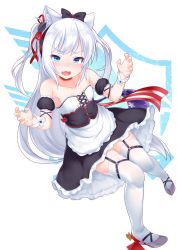 Rule 34 | 1girl, american flag, american flag print, animal ear fluff, animal ears, apron, azur lane, black bow, black dress, blue eyes, blush, bow, breasts, cat ears, cat girl, cat hair ornament, choker, collarbone, commentary request, detached sleeves, dress, fang, flag print, floating hair, frilled apron, frilled dress, frills, frown, full body, garter straps, grey footwear, hair bow, hair ornament, hammann (azur lane), highres, kirisame mia, long hair, neckerchief, one side up, open mouth, puffy short sleeves, puffy sleeves, red choker, red ribbon, remodel (azur lane), ribbon, rudder footwear, short sleeves, silver hair, simple background, small breasts, solo, strapless, strapless dress, thighhighs, waist apron, white apron, white background, wrist cuffs