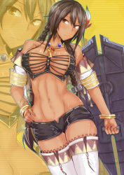 Rule 34 | 1girl, abs, azur lane, bad id, bad pixiv id, bare shoulders, black hair, blush, bracelet, braid, breasts, brown eyes, closed mouth, commentary request, cowboy shot, crop top, dark-skinned female, dark skin, detached sleeves, feather hair ornament, feathers, hair between eyes, hair ornament, hokou kikai, holding, jewelry, large breasts, long hair, looking at viewer, multiple views, native american, navel, necklace, shield, short shorts, shorts, solo, south dakota (azur lane), standing, thighhighs, yellow background, zettai ryouiki