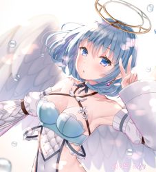 Rule 34 | 1girl, angel, angel wings, arm up, armpits, bare shoulders, blue eyes, blue hair, breasts, choker, cleavage, clothing cutout, collarbone, covered navel, criss-cross halter, detached sleeves, earrings, feathered wings, hakuda tofu, halo, halterneck, highres, jewelry, long sleeves, looking at viewer, medium breasts, monster collect, parted lips, revealing clothes, short hair, side cutout, solo, upper body, v, wings
