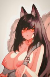 Rule 34 | 1girl, ahri (league of legends), animal ear fluff, animal ears, bad id, bad pixiv id, black hair, breasts, breasts out, closed mouth, collarbone, extra tails, facial mark, fox ears, fox tail, hair between eyes, highres, kitsune, league of legends, long hair, nipples, orange eyes, solo, sunchip, tail, upper body, whisker markings