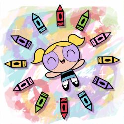 Rule 34 | 1girl, animated, animated gif, black dress, blonde hair, blue dress, bubbles (ppg), burakku pengin, child, crayon, dress, closed eyes, full body, open mouth, outstretched arms, powerpuff girls, shadow, shoes, solo, spread arms, twintails, two-tone dress, white legwear