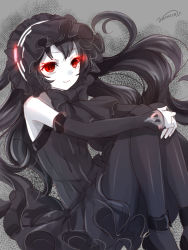 Rule 34 | 10s, 1girl, abyssal ship, bad id, bad pixiv id, black bow, black dress, black footwear, black hair, black pantyhose, bonnet, bow, colored skin, detached sleeves, dress, glowing, glowing eyes, gothic lolita, horns, isolated island oni, kantai collection, lolita fashion, long hair, nunucco, pantyhose, red eyes, shoes, smile, solo, white skin