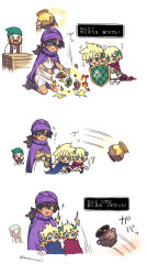 Rule 34 | 1girl, 3boys, bandana, belt, black hair, blonde hair, blue cloak, blue eyes, blush stickers, boots, bow, bracelet, breaking, cape, child, cloak, commentary request, crossed arms, dragon quest, dragon quest v, facial hair, father and daughter, father and son, gloves, green bandana, green bow, hair bow, herb, hero&#039;s daughter (dq5), hero&#039;s son (dq5), hero (dq5), highres, holding, holding jar, holding shield, jar, jewelry, long hair, low ponytail, monster, multiple boys, nabenko, pink cloak, purple cape, purple cloak, purple headwear, scared, sequential, shield, shop, shopping, short hair, siblings, smile, speed lines, spiked hair, surprised, throwing, translation request, turban, twins, twitter username, white background, white gloves, white tunic, wooden box