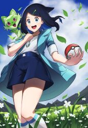 Rule 34 | 1girl, :d, absurdres, black hair, black shorts, cloud, coat, commentary request, creatures (company), day, eyelashes, flower, game freak, grass, green coat, green eyes, hair ornament, hairclip, high-waist shorts, highres, holding, holding poke ball, jewelry, liko (pokemon), looking down, nanamilem, necklace, nintendo, open clothes, open coat, open mouth, outdoors, poke ball, poke ball (basic), pokemon, pokemon (anime), pokemon (creature), pokemon horizons, shirt, shorts, sky, smile, socks, sprigatito, teeth, tongue, upper teeth only, white flower, white shirt, white socks