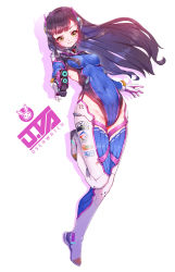 Rule 34 | 1girl, adapted costume, blue thighhighs, brown hair, covered navel, d.va (overwatch), facial mark, fangxiang cuoluan, groin, gun, headphones, highres, holding, holding gun, holding weapon, leotard, long hair, looking at viewer, overwatch, overwatch 1, simple background, smile, solo, thighhighs, weapon, whisker markings, white background, yellow eyes