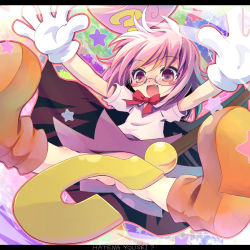 Rule 34 | 1girl, ?, bad id, bad pixiv id, benesse, fang, glasses, gloves, hat, hatena yousei, no panties, osa (osaosa), pink eyes, pink hair, pink hat, short hair, solo, staff