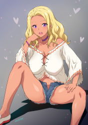 Rule 34 | 1girl, amamiya elena, bare legs, blonde hair, breasts, choker, cleavage, covered erect nipples, cutoffs, dark-skinned female, dark skin, denim, denim shorts, forehead, gradient background, grey background, heart, impossible clothes, joy ride, large breasts, long hair, mole, mole under eye, navel, no bra, open clothes, open mouth, open shorts, precure, purple choker, purple eyes, shorts, simple background, sitting, solo, sparkle, spread legs, star twinkle precure, teeth, upshorts