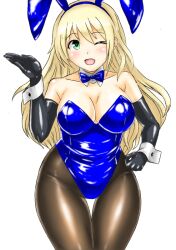 Rule 34 | 1girl, animal ears, atago (kancolle), bare shoulders, black pantyhose, blonde hair, blue leotard, blush, bow, bowtie, breasts, cleavage, covered navel, detached collar, detached sleeves, elbow gloves, fake animal ears, gloves, green eyes, highleg, highleg leotard, kantai collection, kudou (ooabareteng), large breasts, leotard, long hair, one eye closed, open mouth, pantyhose, playboy bunny, rabbit ears, simple background, smile, solo, strapless, strapless leotard, traditional bowtie, white background, wrist cuffs
