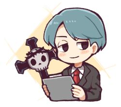 Rule 34 | 1boy, aqua hair, black eyes, clipboard, closed mouth, collared shirt, commentary request, employee (project moon), formal, grey jacket, half-closed eyes, hatake shimeji, holding, holding clipboard, jacket, lobotomy corporation, long sleeves, lowres, male focus, necktie, no nose, project moon, red necktie, shirt, short hair, smile, solo, suit, white shirt