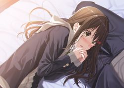 Rule 34 | 1boy, 1girl, bed sheet, black jacket, black pants, blazer, blush, brown eyes, brown hair, commentary request, from above, hair ornament, hairclip, hood, hood down, jacket, kukiha, lap pillow, long hair, long sleeves, lower body, lying, multicolored hair, nose blush, on bed, on side, open clothes, open jacket, open mouth, original, out of frame, own hands together, pants, sanpaku, school uniform, seiza, sitting, sleeves past wrists, solo focus, streaked hair, upper body