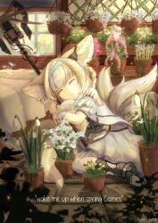 Rule 34 | 1girl, animal ear fluff, animal ears, arknights, artist name, bare shoulders, blonde hair, blue hairband, braid, closed eyes, clothing cutout, commentary, dress, earpiece, english commentary, english text, flower, flower pot, fox ears, fox girl, fox tail, full body, hairband, highres, holding, holding staff, indoors, kitsune, kyuubi, lily of the valley, material growth, medium dress, multiple tails, name connection, object namesake, oripathy lesion (arknights), pink flower, purple flower, short hair, shoulder cutout, sleeping, solo, staff, suzuran (arknights), tail, white flower, yellow flower, yukikochenk