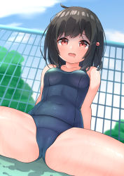 Rule 34 | 1girl, ass, bare arms, bare shoulders, black hair, blue one-piece swimsuit, blurry, blurry background, blush, breasts, commentary request, covered navel, day, depth of field, drooling, fence, granblue fantasy, hekomii, highres, looking at viewer, medium breasts, mouth drool, old school swimsuit, one-piece swimsuit, open mouth, outdoors, red eyes, school swimsuit, solo, spread legs, swimsuit, vikala (granblue fantasy), wavy mouth