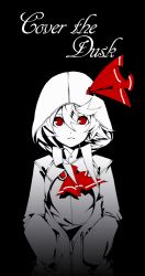Rule 34 | 1girl, adapted costume, arikanrobo, ascot, black background, center opening, english text, hands in pockets, hood, hooded jacket, hoodie, jacket, looking at viewer, monochrome, one-hour drawing challenge, red eyes, red ribbon, ribbon, rumia, short hair, solo, spot color, touhou, upper body