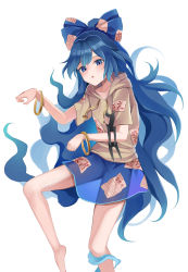 Rule 34 | 1girl, absurdres, bangle, barefoot, blue bow, blue eyes, blue hair, blue skirt, blush, bow, bracelet, grey hoodie, hair between eyes, hair bow, highres, hood, hoodie, jewelry, koizumo, long hair, parted lips, short sleeves, simple background, skirt, solo, stuffed animal, stuffed cat, stuffed toy, touhou, white background, yorigami shion