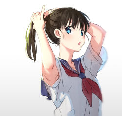 Rule 34 | 1girl, armpits, arms up, black hair, blue eyes, bunching hair, gradient background, grey background, hakusai (tiahszld), long hair, looking at viewer, neckerchief, original, parted lips, ponytail, red neckerchief, school uniform, serafuku, shirt, short sleeves, simple background, solo, tying hair, white background, white shirt