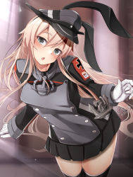 Rule 34 | 1girl, anchor hair ornament, artist logo, black skirt, blonde hair, buttons, chestnut mouth, cosplay, cross, double-breasted, giraffe (ilconte), gloves, grey eyes, hair ornament, hat, highres, iron cross, kantai collection, long hair, looking at viewer, microskirt, military, military hat, military uniform, peaked cap, pleated skirt, prinz eugen (kancolle), prinz eugen (kancolle) (cosplay), shimakaze (kancolle), skirt, solo, uniform, white gloves