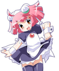 Rule 34 | 1girl, :d, ahoge, apron, bandaid, black thighhighs, blush, blush stickers, brown eyes, cowboy shot, fang, filn, hair bobbles, hair ornament, hairclip, hairpods, maid, maid apron, maid headdress, open mouth, pink hair, puffy short sleeves, puffy sleeves, short sleeves, simple background, smile, solo, thighhighs, white background, wrist cuffs, zettai ryouiki