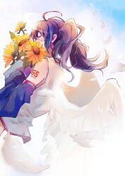 Rule 34 | 1girl, absurdres, ahoge, angel wings, black hair, blue hair, chiyo loves, closed eyes, covering own mouth, detached sleeves, falling feathers, feathered wings, feathers, flower, from side, highres, holding, holding flower, long hair, long sleeves, multicolored hair, shirt, sky, sleeveless, sleeveless shirt, solo, sunflower, twintails, two-tone hair, utau, wings, yokune ruko