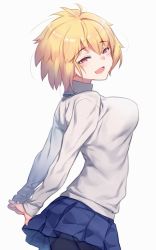 Rule 34 | 1girl, :d, antenna hair, arcueid brunestud, arms behind back, auru t, blonde hair, blue skirt, breasts, large breasts, long sleeves, looking at viewer, miniskirt, open mouth, red eyes, shirt, short hair, simple background, skirt, smile, solo, tsukihime, tsukihime (remake), white background, white shirt