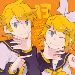 Rule 34 | &gt;:), anniversary, black collar, black sleeves, blonde hair, blue eyes, closed mouth, collar, detached sleeves, eyebrows hidden by hair, glider (artist), hair between eyes, hand on another&#039;s chin, kagamine len, kagamine rin, multicolored eyes, neckerchief, necktie, one eye closed, orange background, orange theme, pointing, pointing at another, sailor collar, sailor shirt, shirt, short sleeves, sidelocks, simple background, sleeveless, smile, v-shaped eyebrows, vocaloid, white shirt, yellow eyes, yellow neckerchief, yellow necktie