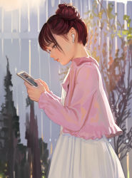 Rule 34 | 1girl, airpods, brown eyes, brown hair, cellphone, closed mouth, dress, fkey, from side, hair bun, highres, holding, holding phone, jacket, open clothes, open jacket, original, outdoors, phone, pink jacket, profile, signature, single hair bun, smartphone, solo, standing, white dress, wireless earphones
