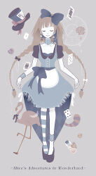 Rule 34 | 1girl, ace (playing card), ace of hearts, alice (alice in wonderland), alice in wonderland, asymmetrical legwear, bird, black footwear, blue bow, blue dress, bow, braid, card, cheshire cat (alice in wonderland), clock, closed eyes, cookie, copyright name, dress, earrings, eight of diamonds (playing card), five of clubs, flamingo, flat color, flower, food, hair bow, hat, heart, jewelry, kana57, long hair, mismatched legwear, multiple hair bows, playing card, queen (playing card), queen of hearts (playing card), roman numeral, rose, smile, split mouth, top hat, twin braids, very long hair, vial