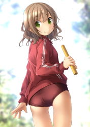 Rule 34 | 1girl, ass, blurry, blurry background, blush, brown buruma, brown hair, buruma, closed mouth, commentary request, day, depth of field, green eyes, hair between eyes, highres, holding, jacket, long hair, long sleeves, looking at viewer, looking back, original, outdoors, red jacket, shibacha, smile, solo, track jacket