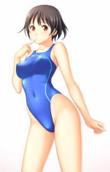 Rule 34 | 1girl, bare shoulders, black hair, breasts, competition swimsuit, covered erect nipples, finger to mouth, highleg, highleg swimsuit, highres, kuri (kurigohan), looking at viewer, one-piece swimsuit, original, red eyes, short hair, sideboob, simple background, skin tight, solo, speedo (company), swimsuit