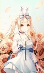 Rule 34 | 1girl, absurdres, animal ears, bare shoulders, blonde hair, blue bow, blue choker, blush, bow, choker, closed mouth, collarbone, commentary, cowboy shot, detached sleeves, dress, fake animal ears, falling petals, flower, fu u03, hair between eyes, hair bow, highres, holding, holding flower, long hair, looking at viewer, original, petals, rabbit ears, red eyes, see-through, see-through sleeves, sidelocks, sleeveless, sleeveless dress, solo, spaghetti strap, sunflower, twintails, white bow, white dress, working!!