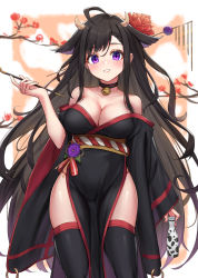 Rule 34 | 1girl, ahoge, animal ears, bare shoulders, bell, black hair, black kimono, black thighhighs, breasts, cleavage, collarbone, commentary request, cow ears, cow horns, flower, gohei (aoi yuugure), hair between eyes, highres, holding, holding smoking pipe, horns, japanese clothes, jingle bell, kimono, kiseru, large breasts, long hair, long sleeves, looking at viewer, mole, mole on breast, obi, off shoulder, original, panties, pelvic curtain, purple eyes, purple flower, purple rose, red flower, red panties, rose, sash, sleeves past wrists, smile, smoking pipe, solo, thighhighs, thighs, underwear, very long hair, wide sleeves