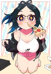 Rule 34 | + +, 1girl, :3, black hair, black jacket, blue eyes, blue hair, breasts, character name, cleavage, controller, eating, folded ponytail, food, full body, game console, game controller, glasses, gradient hair, highres, jacket, kneeling, kson, large breasts, multicolored hair, pink shorts, pizza, pizza box, playstation 4, playstation controller, real life, sakuramochi (sakura frappe), short shorts, shorts, smile, solo, striped, striped background, tank top, virtual youtuber, vshojo