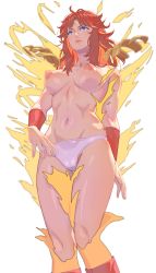 Rule 34 | 1girl, breasts, character name, cleavage, collarbone, feet out of frame, female focus, highres, hokuto no ken, large breasts, long hair, mamiya (hokuto no ken), nipple piercing, nipples, orange hair, piercing, purple eyes, red hair, shirt, solo, stomach, thigh gap, thighs, torn clothes, underboob, underwear, white background, yellow shirt, yonezawa mao