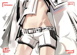 Rule 34 | 1girl, arknights, belt, coat, crop top, dated, deel (rkeg), groin, head out of frame, highres, lower body, midriff, navel, one-hour drawing challenge, platinum (arknights), shirt, short shorts, shorts, solo, standing, stomach, thighs, viewfinder, white coat, white shirt, white shorts