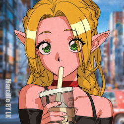 Rule 34 | 1girl, black shirt, blonde hair, blurry, blurry background, braid, bubble tea, choker, city, cup, disposable cup, drink, drinking, drinking straw, drinking straw in mouth, dungeon meshi, green eyes, holding, holding cup, l.k, marcille donato, multiple braids, outdoors, pointy ears, red choker, retro artstyle, shirt, solo