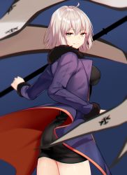 Rule 34 | 1girl, ahoge, ass, black dress, blue background, blue jacket, closed mouth, coat, cowboy shot, dress, fate/grand order, fate (series), flag, fur-trimmed coat, fur-trimmed jacket, fur-trimmed sleeves, fur collar, fur trim, highres, holding, holding flag, jacket, jeanne d&#039;arc (fate), jeanne d&#039;arc alter (fate), jeanne d&#039;arc alter (ver. shinjuku 1999) (fate), official alternate costume, open clothes, open coat, sada (sadahalu), short dress, short hair, silver hair, simple background, solo, wicked dragon witch ver. shinjuku 1999, yellow eyes