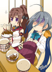 Rule 34 | 10s, 2girls, @ @, ahoge, belly, brown hair, detached sleeves, eating, food, gyuudon, hair ribbon, hands on stomach, headgear, highres, imu sanjo, kantai collection, kiyoshimo (kancolle), long hair, low twintails, multiple girls, o3o, pleated skirt, ponytail, purple eyes, ribbon, rice bowl, school uniform, silver hair, sitting, skirt, smile, sparkle, twintails, yamato (kancolle)